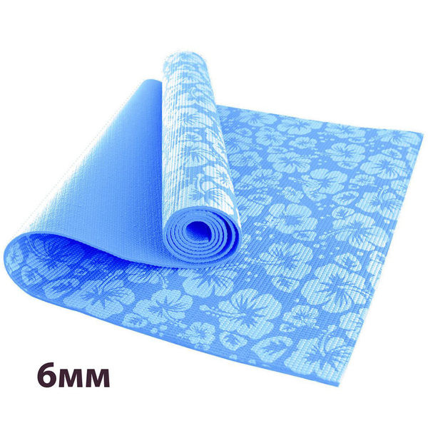 Коврик для йоги ПВХ голубой с цветами,173х61х0,6 см