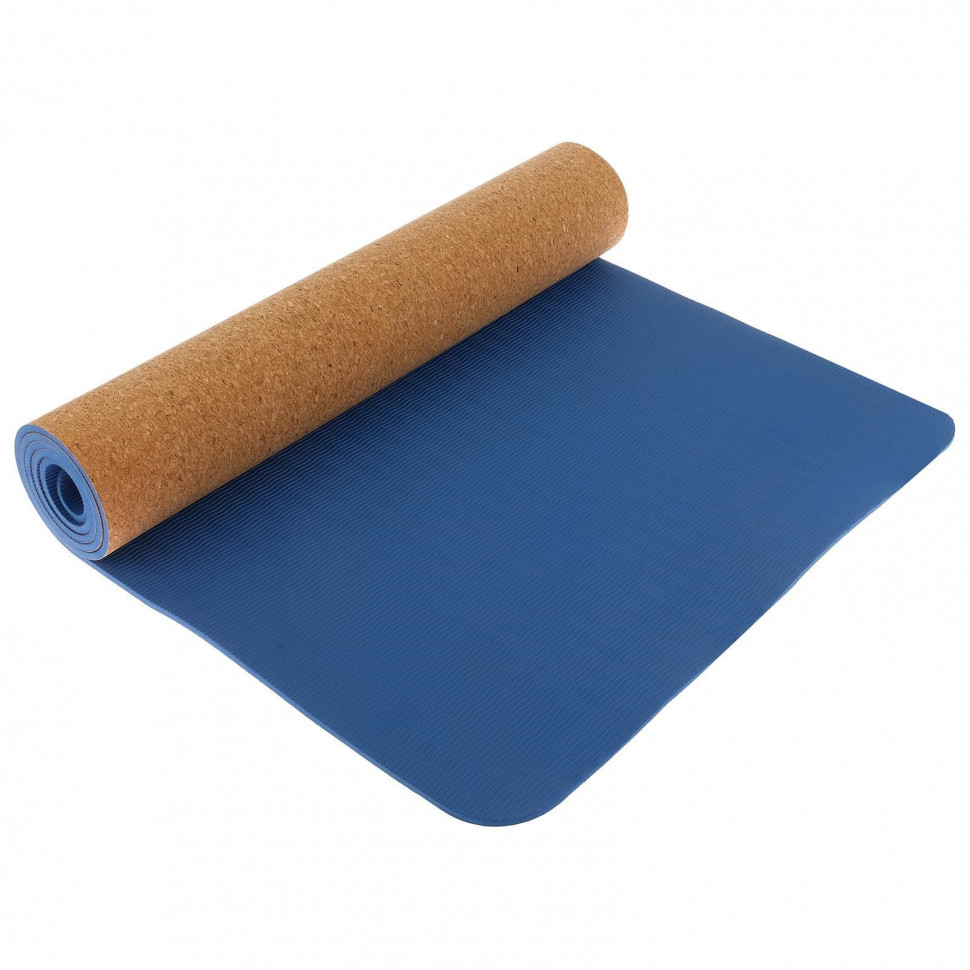 Коврик для йоги 183*61*0,6 см, синий/пробка